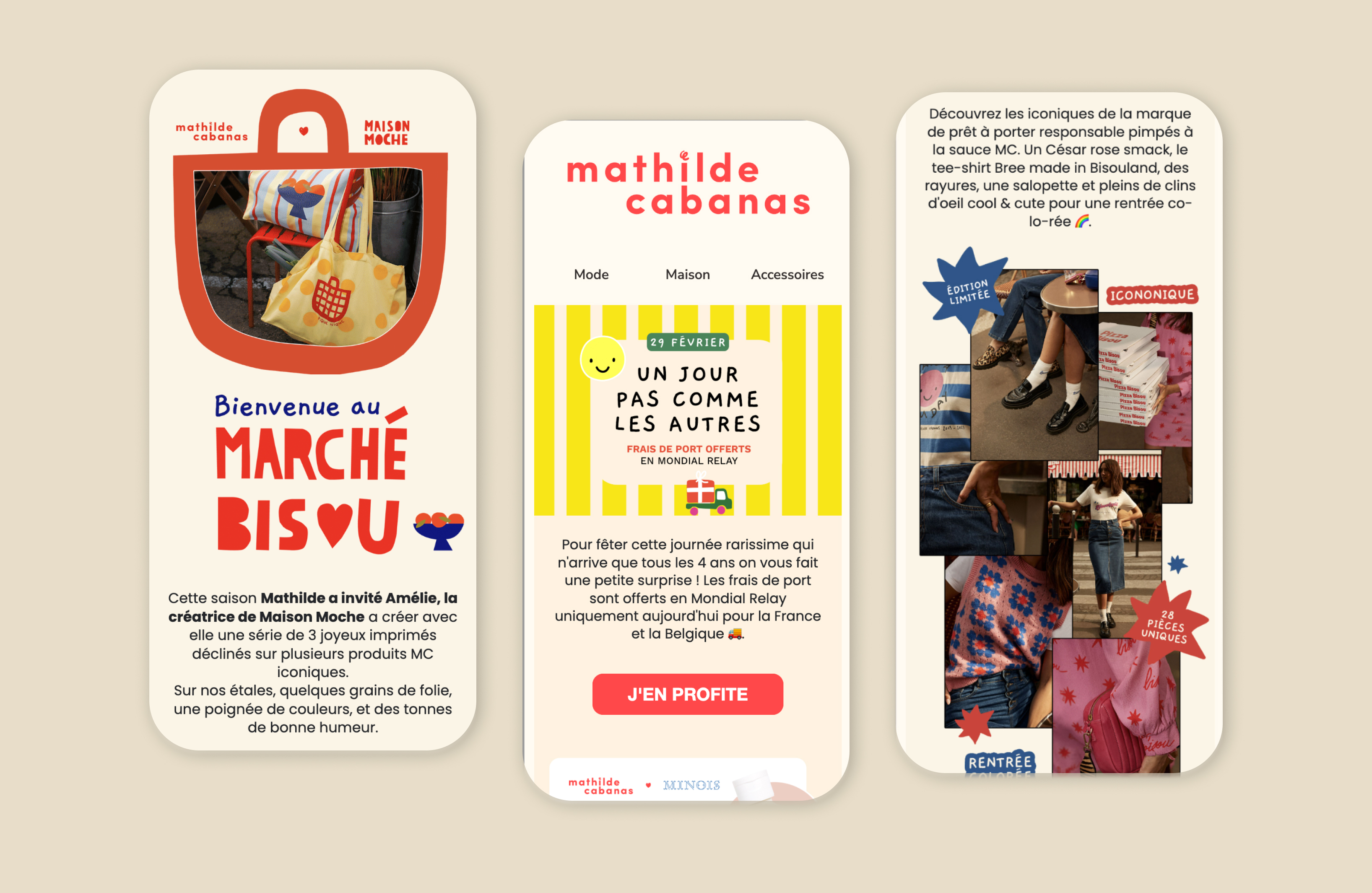 Aperçu de campagnes mensuelles Mathilde Cabanas, opérations promotionnelles et temps forts saisonniers.