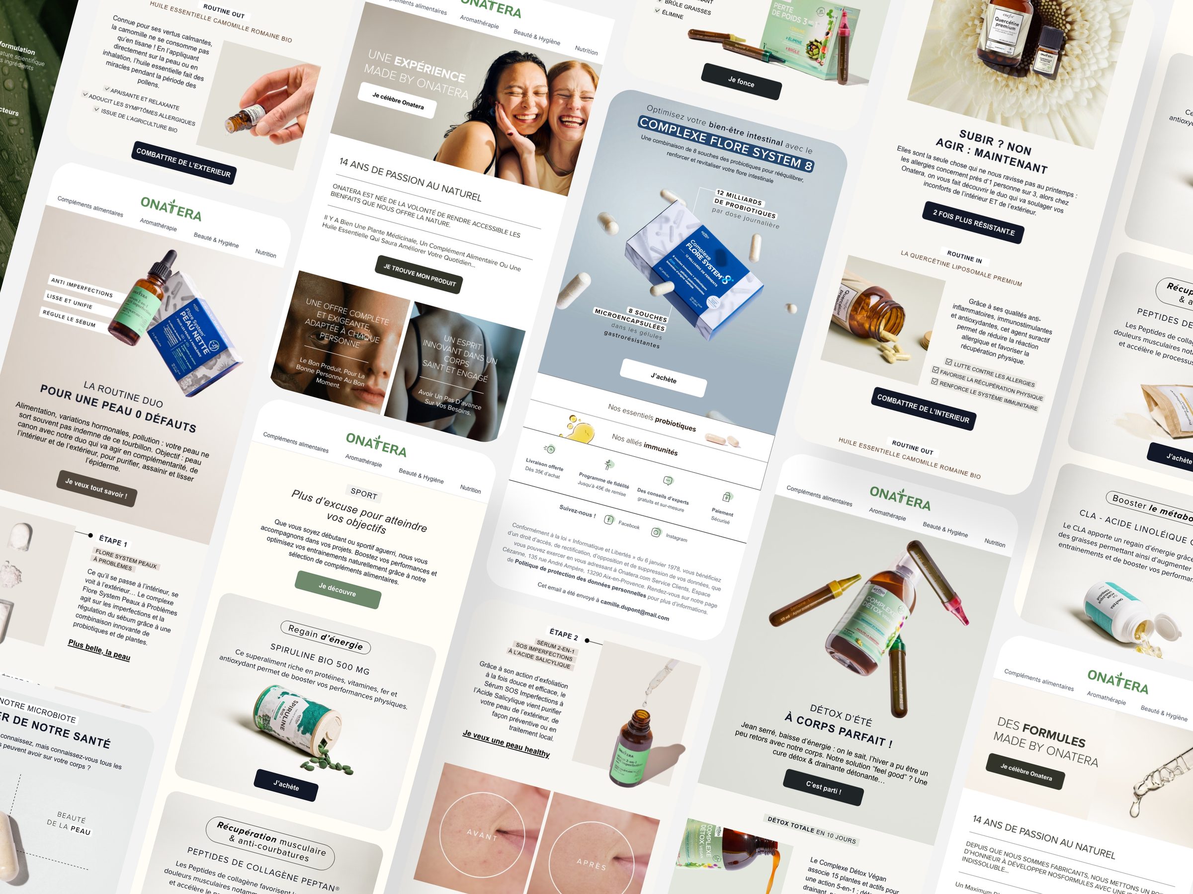 Planche regroupant une douzaine d'emails de campagne Onatera : promotions, routines beauté, focus produits probiotiques, cures détox et éditos bien-être, tous dans la signature visuelle de la marque.