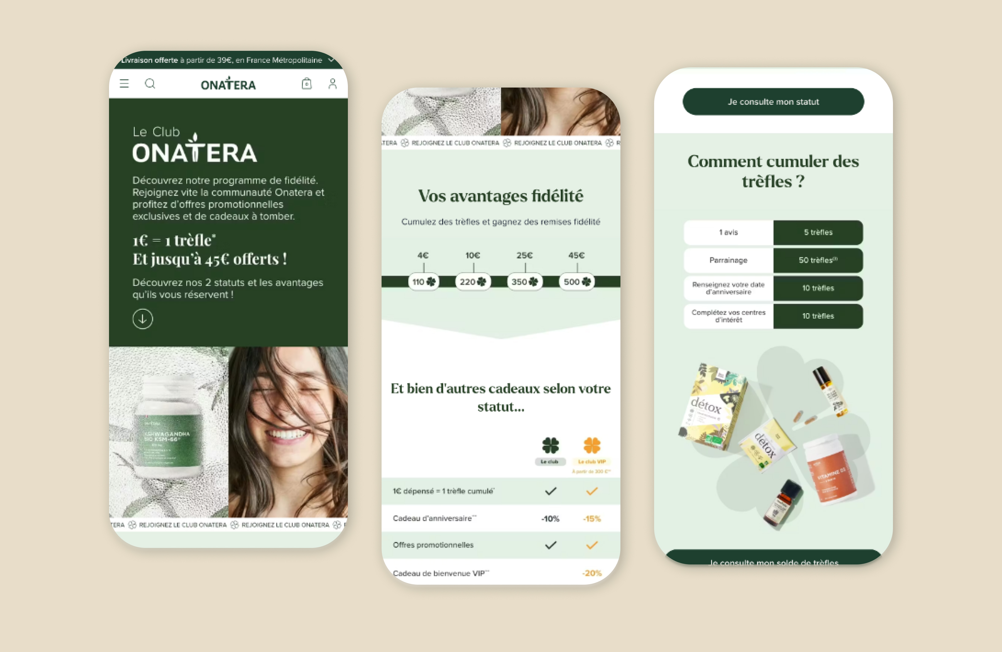 Aperçu de la landing page Club Onatera, hero vert et timeline des paliers de récompense.