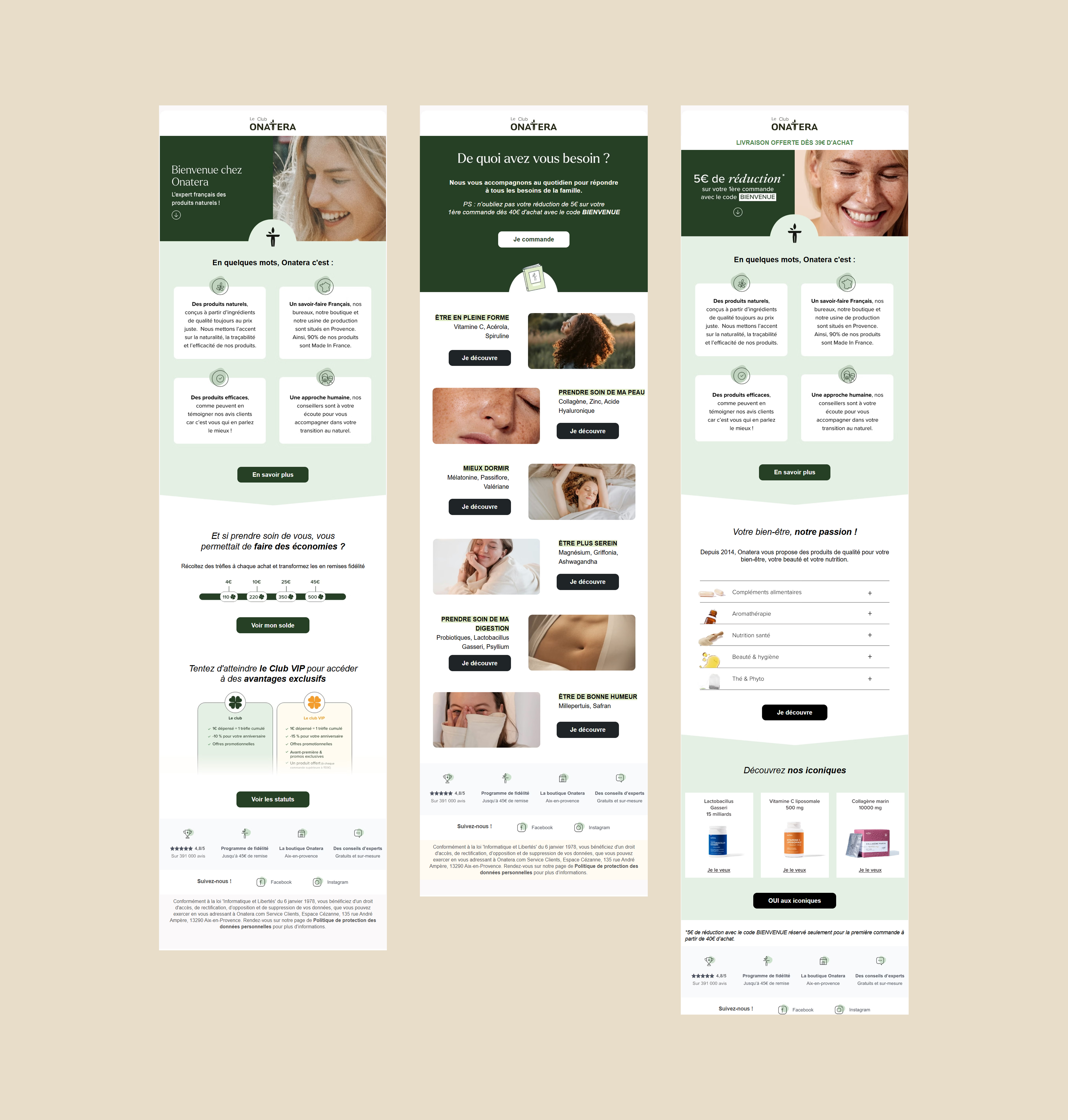 Vue d'ensemble du dispositif Club Onatera : à gauche la landing page mobile, à droite les trois variantes de l'email de bienvenue, version desktop.