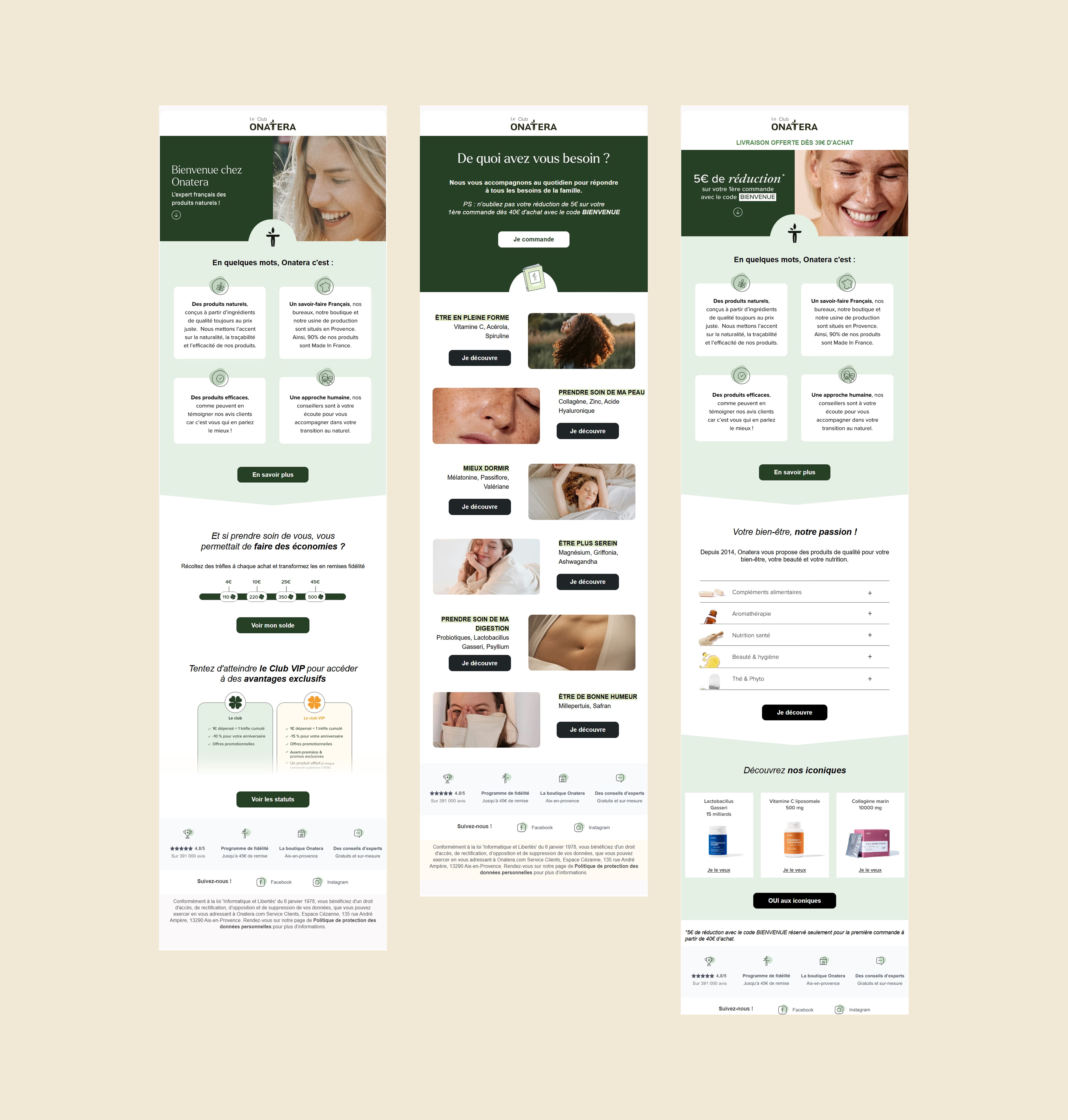 Three versions of the Club Onatera welcome email: the \