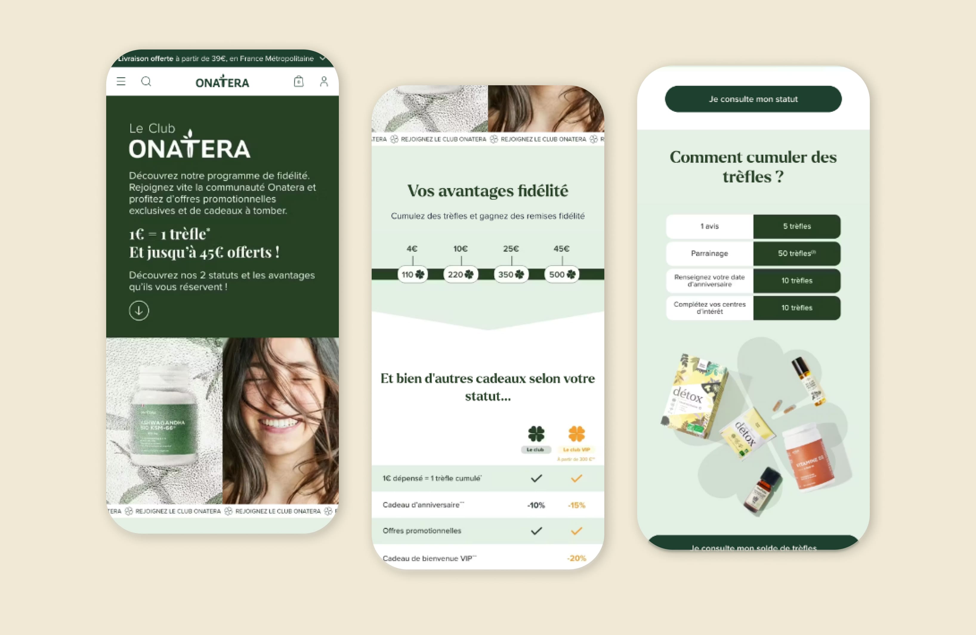 Three screens of the Club Onatera landing page: the green hero with the \
